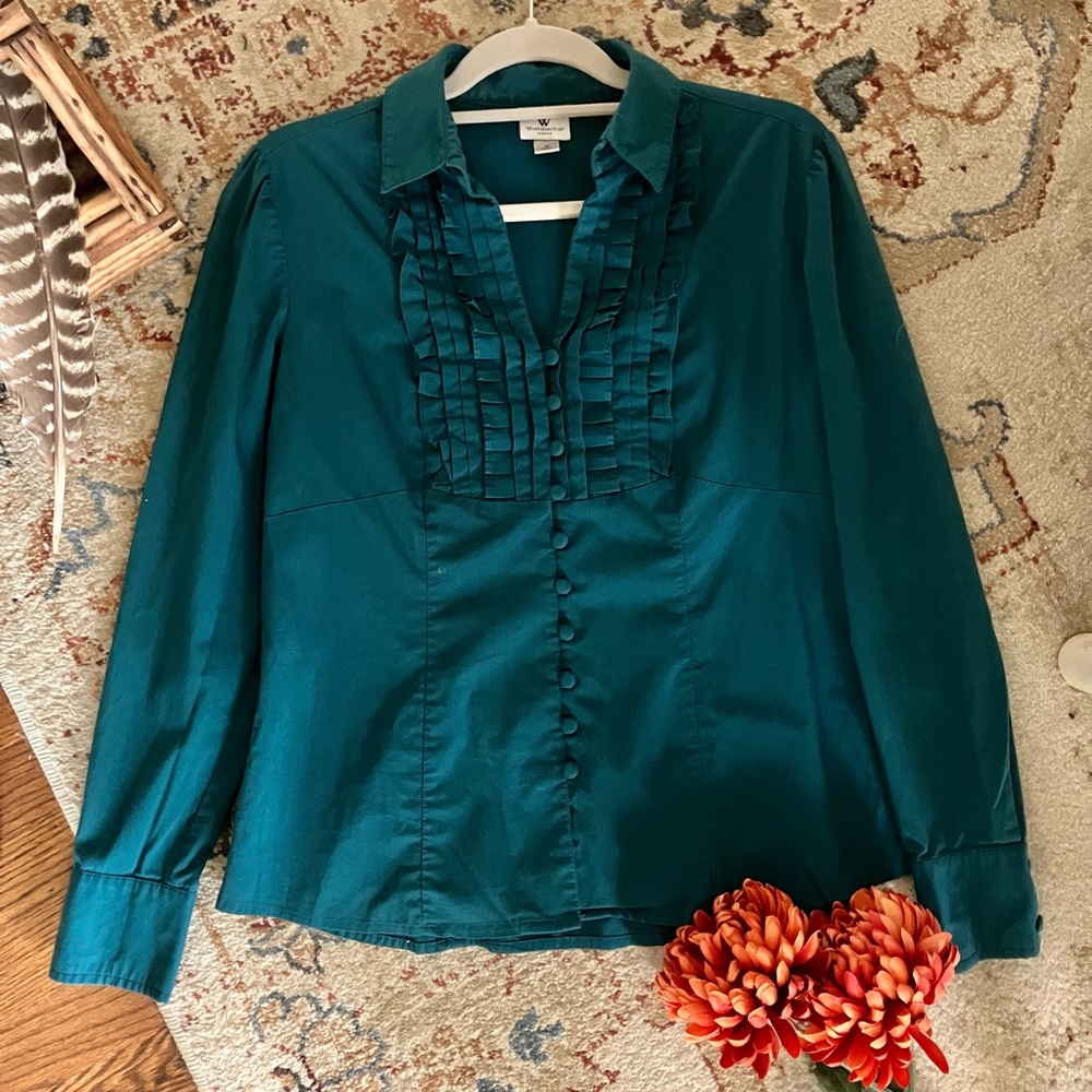 Teal Ruffled Button-Up Blouse - image 1